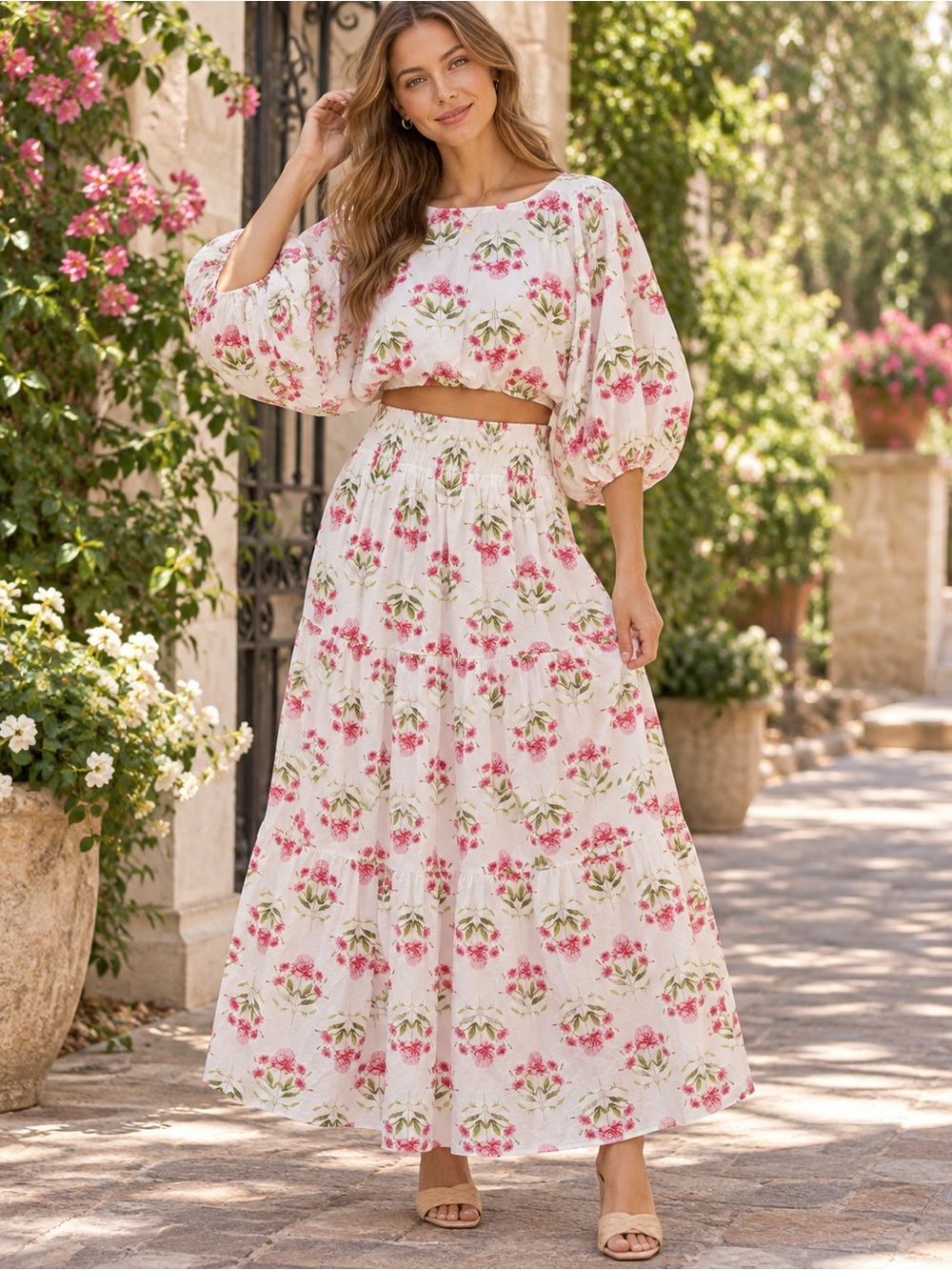 Entro NWT Pink Floral 2 Piece Crop Top Maxi Skirt Set S Puff Sleeve Cottagecore